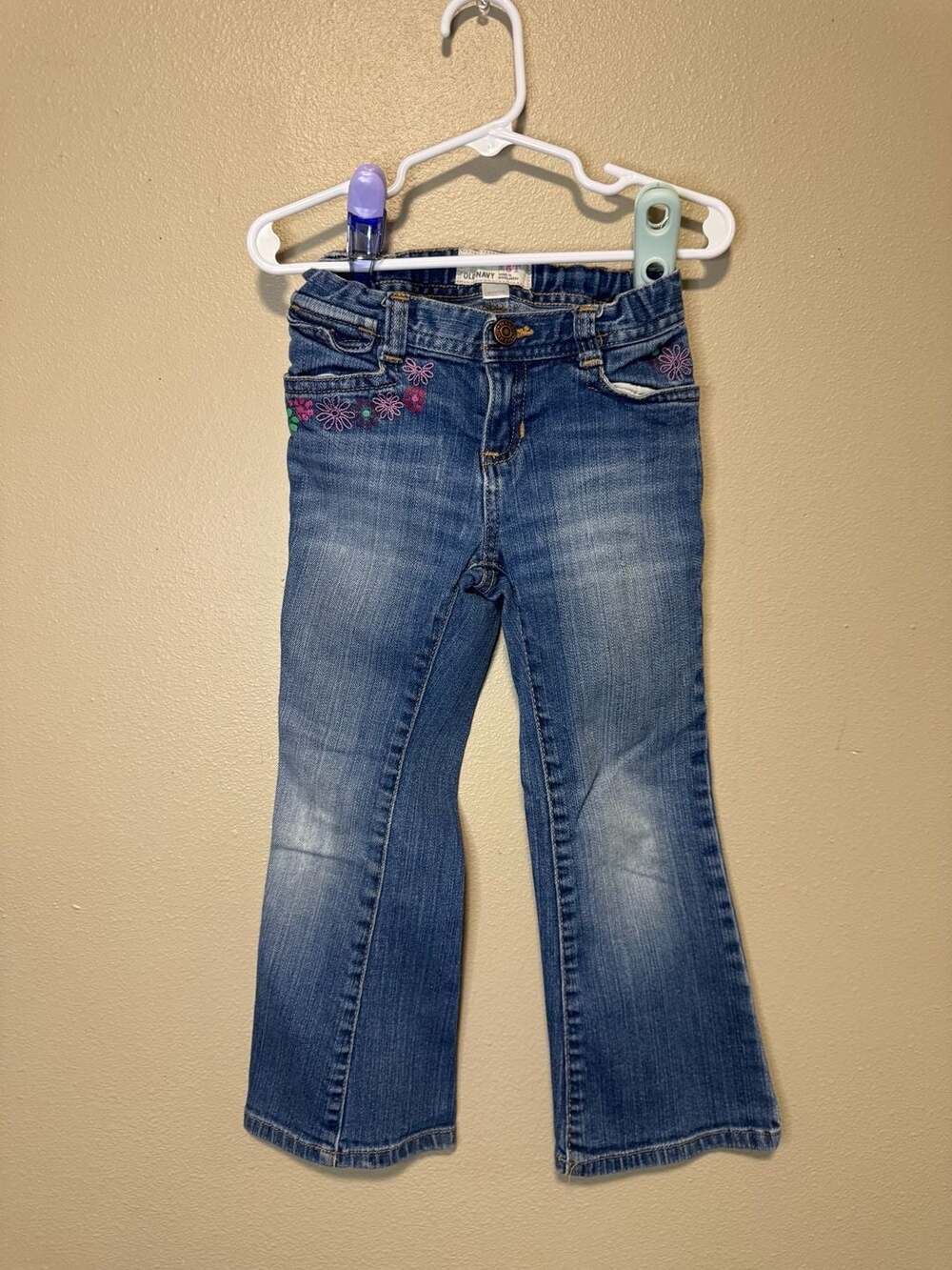 Old Navy Girls Denim Flare Stretch Jeans Floral Embroidered Size 5T